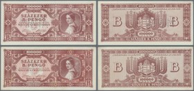 Hungary: Pair of the 100.000 B-Pengö 1946 in XF and 100.000 B-Pengö Specimen with perforation ”MINTA” in UNC, P.133, 133s (2 pcs.)