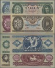 Hungary: Rare set of the 1949 series with 10, 20, 50 and 100 Forint, P.164-167 in UNC except the 20 Forint in about VF. (4 pcs.)