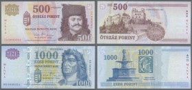 Hungary: Pair with 500 Forint 2008 Specimen with overprint ”MINTA and 1000 Forint 2009 Specimen with overprint ”MINTA”, P.188fs, 197as, both in perfec...