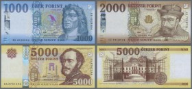 Hungary: Set with 3 banknotes new issued series 1000 Forint 2017, 2000 Forint 2016 and 5000 Forint 2016, P.new 2017, 204a, 205a, all in perfect UNC co...