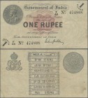 India: 1 Rupee ND P. 1a, used with lighter vertical and horizontal folds, no holes or tears, still strongness in paper in condition: VF-.