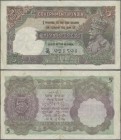 India: 5 Rupees ND portrait KGV P. 15a, used with folds and creases, pinholes, no repairs, condition: F+ to VF-.