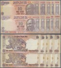 India: set of 10 notes 10 Rupees ND P. 89 with interesting serial numbers from 0000000 to 9999999, all solid serial numbers from different prefix seri...