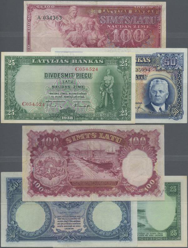 Latvia: Nice lot with 3 Banknotes 50 Latu 1934 in VF, 25 Latu 1938 in UNC and 10...