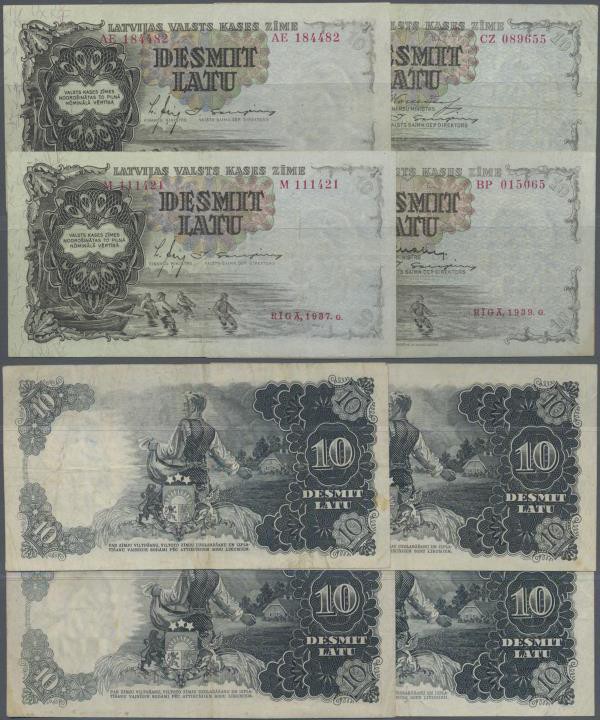 Latvia: Nice lot with 4 Banknotes 10 Latu 1937, 1938, 1939 and 1940, P.29a,b,d,e...