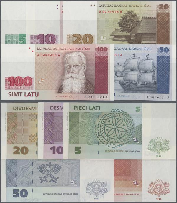 Latvia: Very nice set with 5 Banknotes 5, 10, 20, 50 and 100 Latu 1992, P.43-47,...