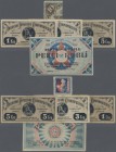 Latvia: Libau City Government set with 3 banknotes 1, 3 and 5 Kopeks 1915 in F, City of Riga 5 Rubli 1920 in XF+ and 40 Kopeks stamp ”Latvias Pasts” w...