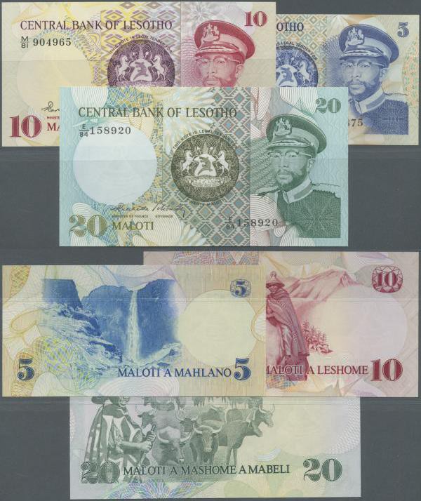 Lesotho: set of 3 notes containing 5, 10 & 20 Maloti 1984 P. 5a, 6b, 7b, the fir...