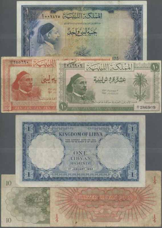 Libya: set of 3 notes containing 10 Pt. , 1/4 & 1 Pound 1952 ”Idris” series P. 1...