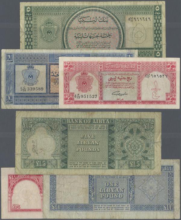 Libya: set of 3 banknotes containing 1/4, 1 & 5 Pounds L.1963 P. 28, 30, 31, all...