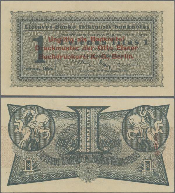 Lithuania: 1 Litas 1922 SPECIMEN with red overprint: ”Ungiltig als Banknote! Dru...