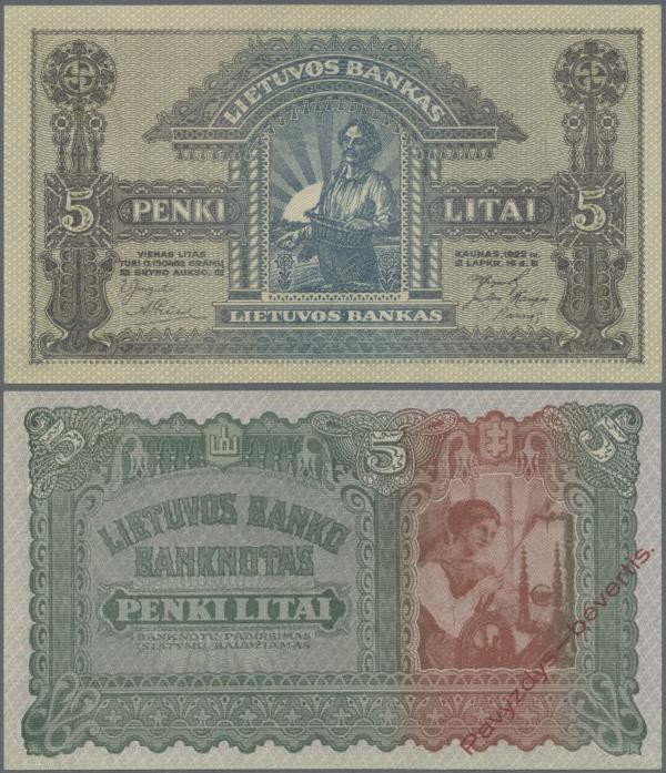 Lithuania: 5 Litai 1922 SPECIMEN with red overprint ”Pavyzdys - bevertis”, P.16s...
