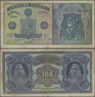 Lithuania: 100 Litu 1922, P.20a, highly rare banknote with small margin splits, several folds and stained paper. Condition: F