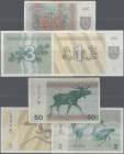 Lithuania: Set with 3 Banknotes 1, 3 and 50 Talonas without text on lower front, P.32a in UNC, 33a in UNC, 37a in F. (3 pcs.)