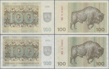 Lithuania: Pair of the 100 Talonas 1991, one with text on lower front and one without, P.38a,b, both in UNC condition. (2 pcs.)