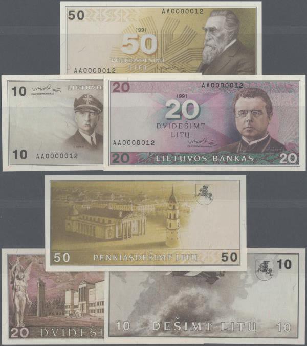 Lithuania: Very nice set with 3 Banknotes 10, 20 and 50 Litu 1991, all with same...