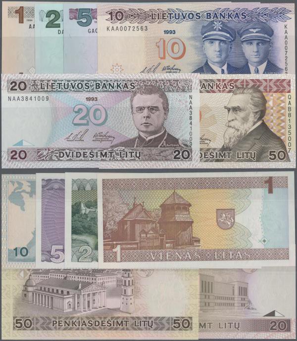 Lithuania: Very nice lot with 6 Banknotes 1, 2, 5, 10, 20 and 50 Litu 1993/94, P...