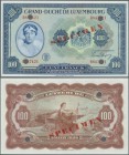 Luxembourg: 100 Francs ND(1944) Specimen P. 47s. This note has a red ”Specimen” overprint on front and back, 4 bank cancellation holes even if it has ...