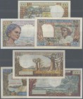 Madagascar: set of 3 banknotes containing 100 Francs ND(1966) P. 58, a few pinholes at left, crispness in paper (XF+), 500 Francs ND(1966) P. 59, ligh...