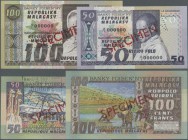 Madagascar: set of 2 SPECIMEN banknotes containing 50 & 100 Ariary ND Specimen P. 62, 63s, both with specimen perforation and specimen overprint, zero...