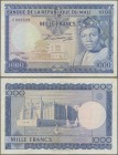 Mali: 1000 Francs ND(1967) P. 9, only light folds and handling in paper, no holes or tears, not washed or pressed, original colors, condition: VF+.