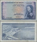 Malta: 5 Pounds 1961 P. 27a with light folds in paper, still strongness and nice colors, condition: VF.
