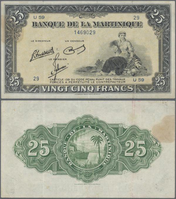 Martinique: 25 Francs ND(1943-45) P. 17, pressed but still strong paper and nice...