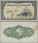 Martinique: 25 Francs ND(1943-45) P. 17, pressed but still strong paper and nice colors, three vertical folds and light stain at upper left, no holes ...