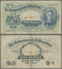 Mauritius: 5 Rupees ND(1937), P.22, still nice with tiny margin splits and small tear at center. Condition: F- to F