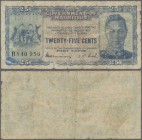 Mauritius: 25 Cents ND(1940) P. 24c, used with folds, borders a bit worn, minor holes, no repairs, nice colors, condition: F-.