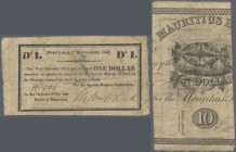 Mauritius: 1 Dollar Special Finance Committee 01.09.1842 / 01.02.1844, printed on the back of cut up and cancelled notes of the Mauritius Commercial B...