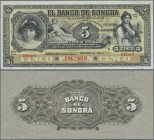 Mexico: El Banco de Sonora 5 Pesos 1911 SPECIMEN, P.S419s, punch hole cancellation and red overprint Specimen at lower center, serial number 00000 at ...