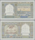 Morocco: 1000 Francs 1945 P. 16 in exceptional condition, with very light vertical and horizontal fold, crispness in paper, no holes, minor tear at ri...