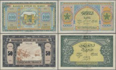 Morocco: set of 2 notes containing 50 & 100 Francs 1943/44 P. 26, 27, both in similar condition with light vertical folds but still pretty much origin...