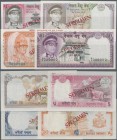 Nepal: High valuable Specimen set with 5, 10 and 50 Rupees ND (1974) ”King Birendra with Dark Military Cap” Issue Specimen, P.23s-25s and 20 Rupees ND...