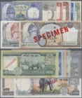 Nepal: Very nice set with 8 Specimen Banknotes 1, 2, 5, 20, 50, 100, 500 and 1000 Rupees ND(1980's) - ND(2005), P.29s, 30s, 32s-34s, 37s, 44s, 50s, al...