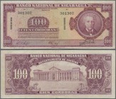 Nicaragua: 100 Cordobas 1959 P. 104B in normal used condition with folds and light stain in paper, condition: F+.