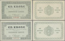 Norway: set of 2 banknotes 1 Kroner 1917 P. 13, both with crisp paper and only light dints in paper, unfolded, condition: aUNC. (2 pcs)