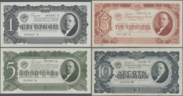 Russia: Set with 4 Banknotes of the Lenin-series 1937 with 1, 3, 5 and 10 Chevontsev, P.202-205 in F to aUNC condition. (4 pcs.)