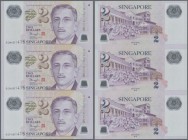 Singapore: set of 7 uncut sheets of 3 notes (21 notes in total) of 2 Dollars ND P. 46, all in condition: UNC. (7 uncut sheets of 3 notes)