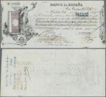 Spain: cheque of the Banco de Espana dated Barcelona 1894 or 1897 with additional tax stamp 10 Centesimos at left. Very nice and attractive item with ...