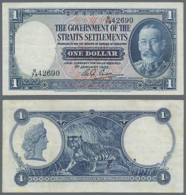 Straits Settlements: rare early date 1 Dollar 1933 P. 16a, used with folds and l...