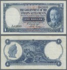 Straits Settlements: rare early date 1 Dollar 1933 P. 16a, used with folds and light creases, no holes or tears, original colors, light stains on back...