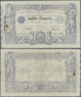 Tunisia: 1000 Francs 1923 P. 7b, used with several folds in paper, larger rusty pinhole at left, several smaller pinholes, still strongness in paper a...