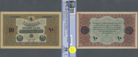 Turkey: Rare Specimen banknote of 100 Livres ND(1918) AH1334, RS-3-1, with german specimen perforation ”Druckprobe” and with zero serial numbers, brig...
