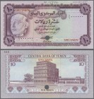 Yemen: 10 Rials ND Color Trial P. 13act with two red ”Specimen” overprints, one cancellation hole and zero serial numbers. The note was printed in lil...
