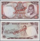 Zambia: 5 Kwacha ND(1973) SPECIMEN, P.15s in perfect UNC condition