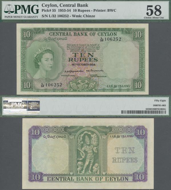 Ceylon: 10 Rupees 16. October 1954 P. 55, Printer BWC, Wmk Chinze. PMG graded 58...