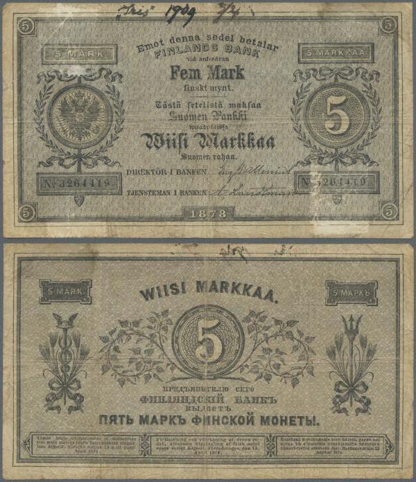 Finland: 5 Markkaa 1878 P. A43b, used with strong vertical and horizontal folds,...