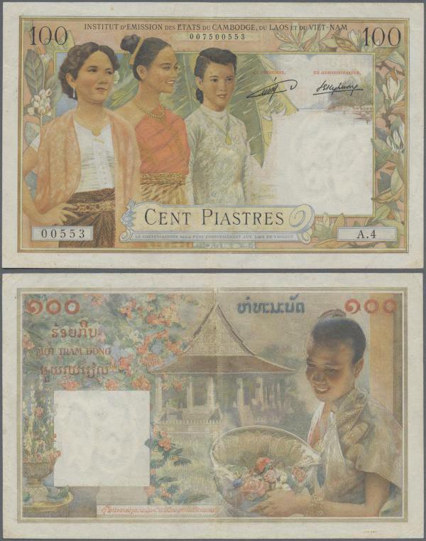 French Indochina: 100 Piastres ND(1953-54) P. 103, S/N 007500553 A.4, issue for ...